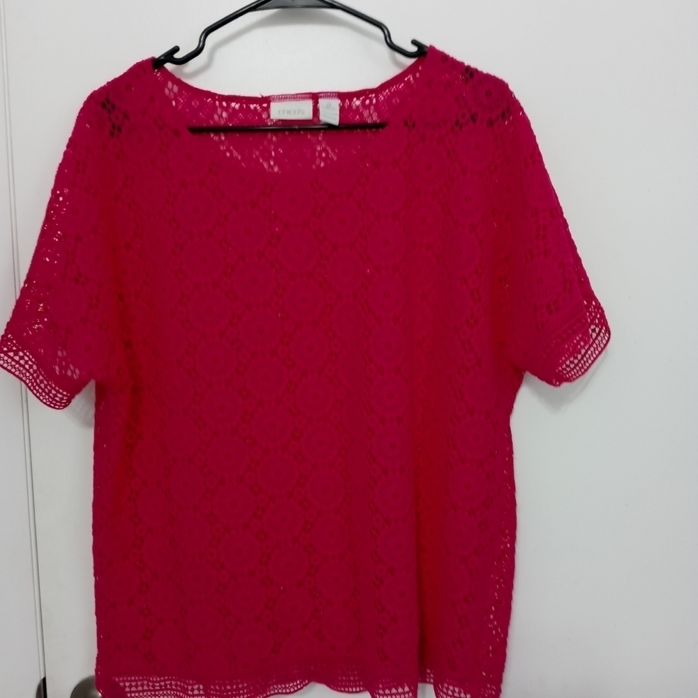 Chico's 2 Completely Sheer Crocheted Lace Short Sleeve Barbie pink Blouse